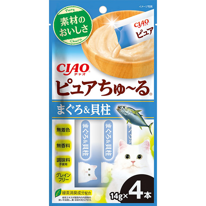 ［いなばペットフード(直送)］CIAO ピュアちゅ～る まぐろ＆貝柱 14g×4本 ※メーカー直送 ※発注単位・最低発注数量(混載50ケース以上)にご注意下さい