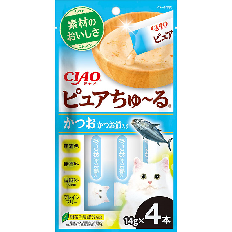 ［いなばペットフード(直送)］CIAO ピュアちゅ～る かつお かつお節入り 14g×4本 ※メーカー直送 ※発注単位・最低発注数量(混載50ケース以上)にご注意下さい