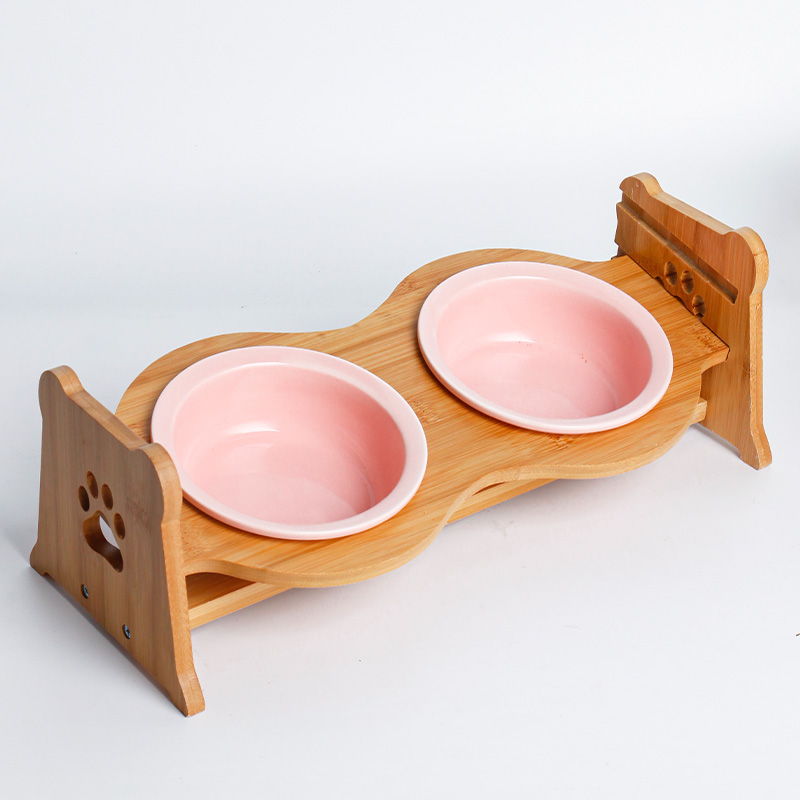 [ペティファーム(直送)] 陶器製バンブースタンド付きダブルボウル ピンク  ※発注単位・最低ご購入金額にご注意下さい。