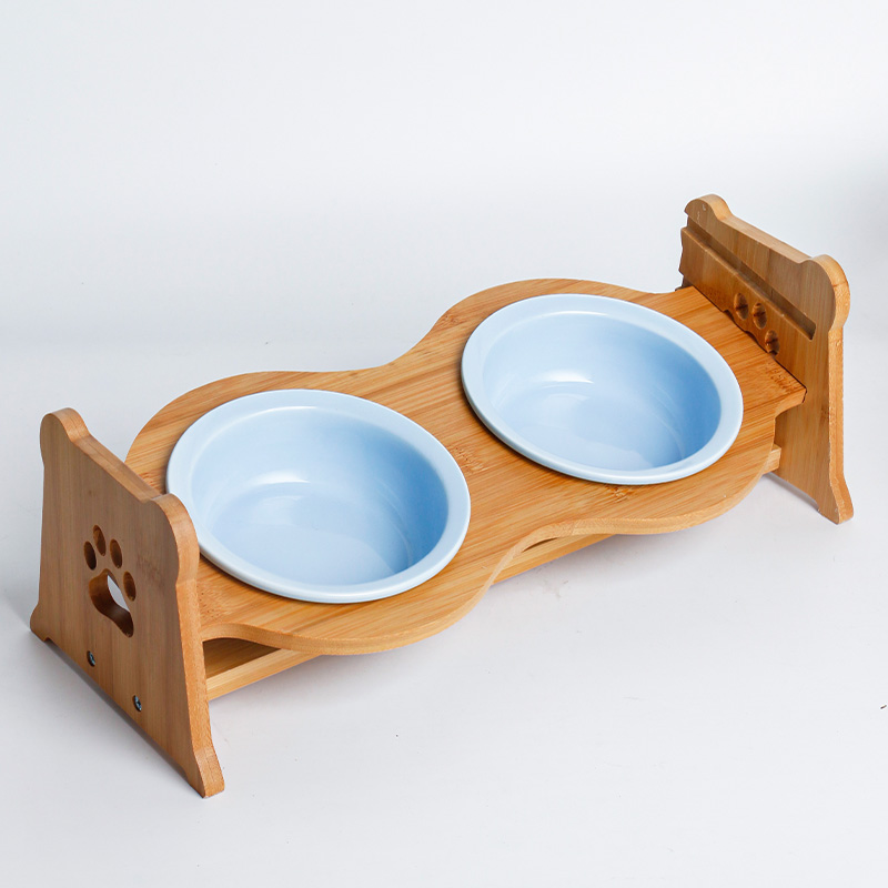 ［ペティファーム］陶器製バンブースタンド付きダブルボウル ブルー