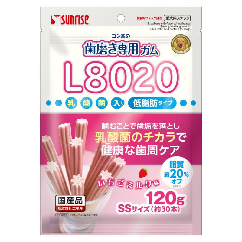 ［マルカン サンライズ］ゴン太の歯磨き専用ガム L8020乳酸菌入り いちごミルク味 SSサイズ 低脂肪タイプ 120g