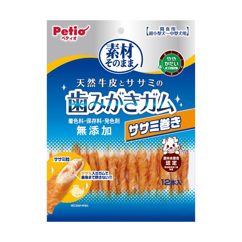 ［ペティオ］素材そのまま 天然牛皮とササミの歯みがきガムササミ巻き 12本入