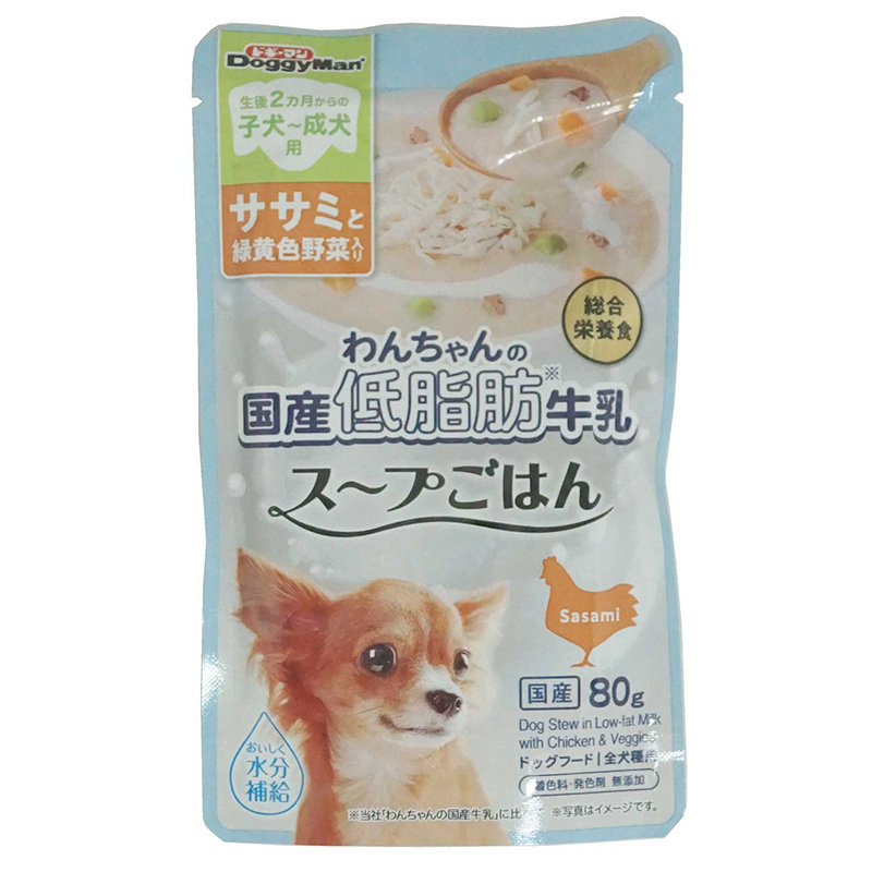 [ドギーマンハヤシ] わんちゃんの国産低脂肪牛乳スープごはん ササミと緑黄色野菜入り 80g