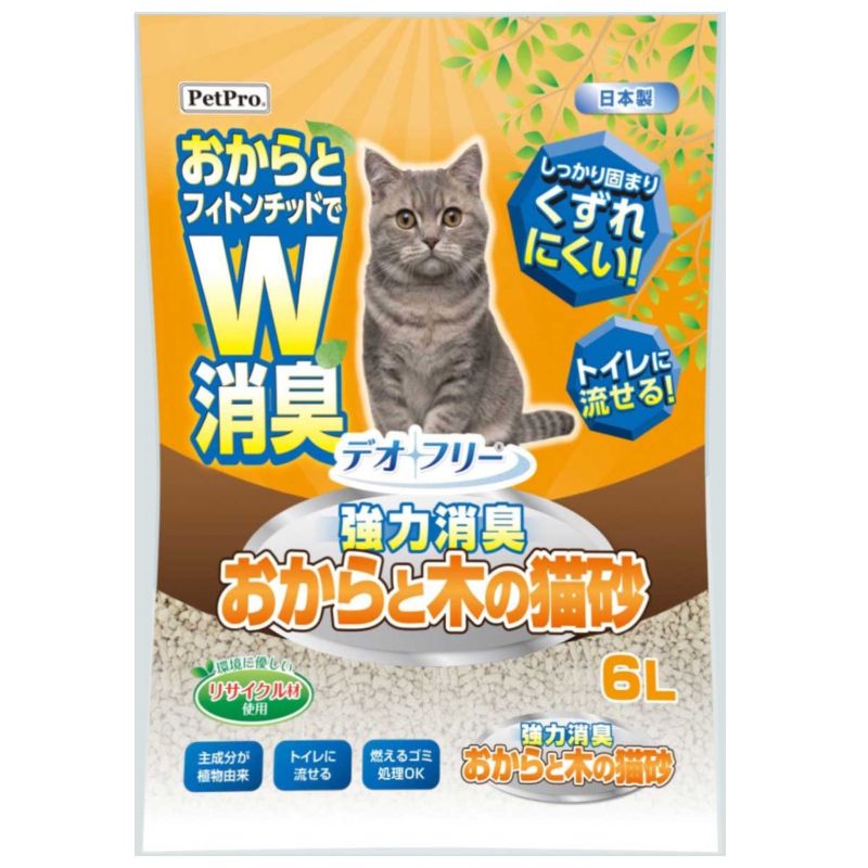 ［ペットプロジャパン(直送)］デオフリー 強力消臭 おからと木の猫砂 6L ※メーカー直送（本州のみ） ※発注単位・最低発注数量(混載10ケース以上)にご注意下さい