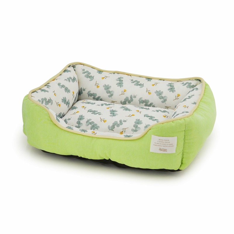 【アウトレット】[ペットプロジャパン]Homey ひんやり冷感スクエアベッド ナチュラル柄 S グリーン